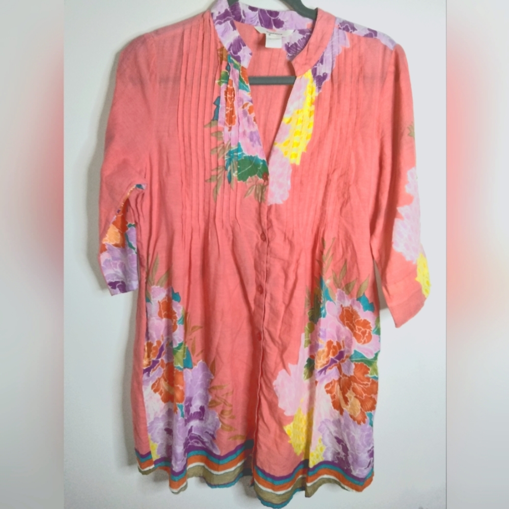 Sundance (Size M) Multicolored Floral Cotton Button Down Front Half Sleeve Tunic